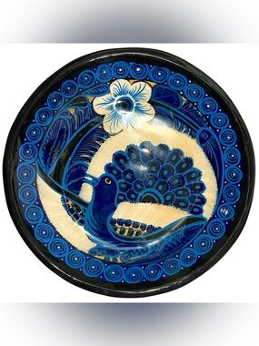 Vintage 1980s Mexican Wooden Art Decorative Wall Plate/Bowl - Blue Peacock